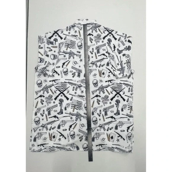 Funny Guy Mugs Gun Skull Print Shirt XXL White Graphic Button Up Men's Top - Picture 10 of 12